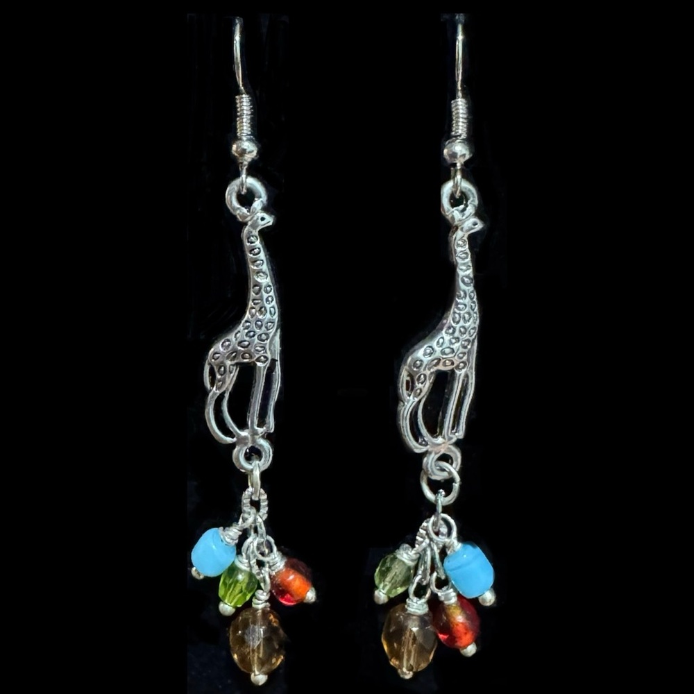 Green and Silver Dangle Earrings Giraffe Charm Nature-Inspired Design